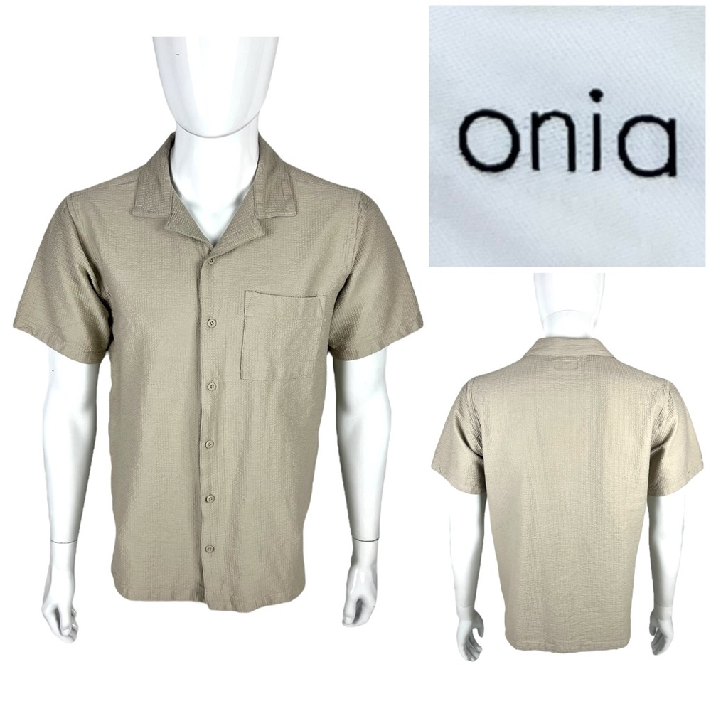 Onia Mens Large Shirt Beige Short Sleeve Seersucker Cotton Blend Stretch EUC